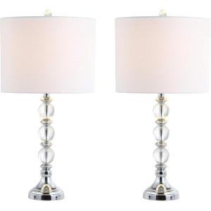 JONATHAN Y 26″ Clear/Chrome Crystal LED Table Lamp Set of 2, Transitional Faceted Glass and Metal Nightstand Lamps with White Linen Drum Shade, LED Bulbs Included JYL5041A-SET2