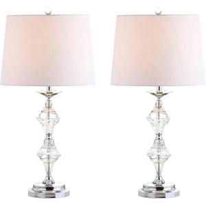 JONATHAN Y 27.5″ Clear Crystal Table Lamp Set of 2 for Living Room Bedroom, Glam Traditional Chrome Nightstand Lamps, White Linen Drum Shade, LED Bulbs Included JYL2037A-SET2