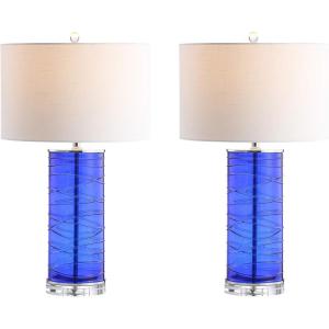 JONATHAN Y 27.5″ Cobalt Modern Fused Glass Table Lamp Set of 2 for Bedroom Living Room, Coastal Nightstand Bedside Lamp with White Linen Shade, LED Bulbs Included (JYL4017D-SET2)(Cobalt)