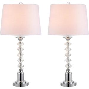 JONATHAN Y 28″ Clear Crystal Table Lamp Set of 2, Modern Glam Chrome Candlestick Lamps for Living Room Bedroom, White Linen Drum Shade, UL Listed, LED Bulbs Included JYL2052A-SET2