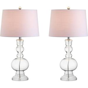 JONATHAN Y 28.5″ Navy Glass Table Lamp Set of 2 for Living Room Bedroom Decor, Modern Bedside Lamps with White Linen Shade, LED Bulbs Included (JYL1061E-SET2)(Clear)