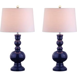 JONATHAN Y 28.5″ Navy Glass Table Lamp Set of 2 for Living Room Bedroom Decor, Modern Bedside Lamps with White Linen Shade, LED Bulbs Included (JYL1061E-SET2)(Navy)