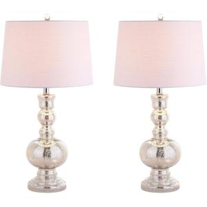 JONATHAN Y 28.5″ Navy Glass Table Lamp Set of 2 for Living Room Bedroom Decor, Modern Bedside Lamps with White Linen Shade, LED Bulbs Included (JYL1061E-SET2)(Mercury Silver)