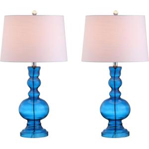 JONATHAN Y 28.5″ Navy Glass Table Lamp Set of 2 for Living Room Bedroom Decor, Modern Bedside Lamps with White Linen Shade, LED Bulbs Included (JYL1061E-SET2)(Night Blue)