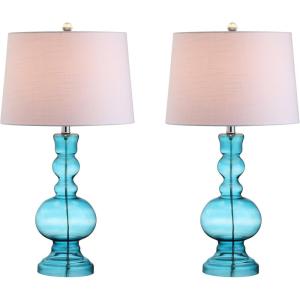 JONATHAN Y 28.5″ Navy Glass Table Lamp Set of 2 for Living Room Bedroom Decor, Modern Bedside Lamps with White Linen Shade, LED Bulbs Included (JYL1061E-SET2)(Aqua)