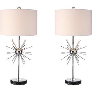 JONATHAN Y 31.5″ Chrome Metal and Marble Starburst LED Table Lamp Set of 2, Mid-Century Modern Glam Lamp for Living Room Bedroom, White Linen Shade, LED Bulbs Included JYL2011A-SET2