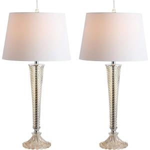 JONATHAN Y 32″ Champagne Glass Table Lamp Set of 2, Traditional French Country Bedside Lamps for Living Room Bedroom, White Faux Silk Shade, LED Bulbs Included JYL2068A-SET2