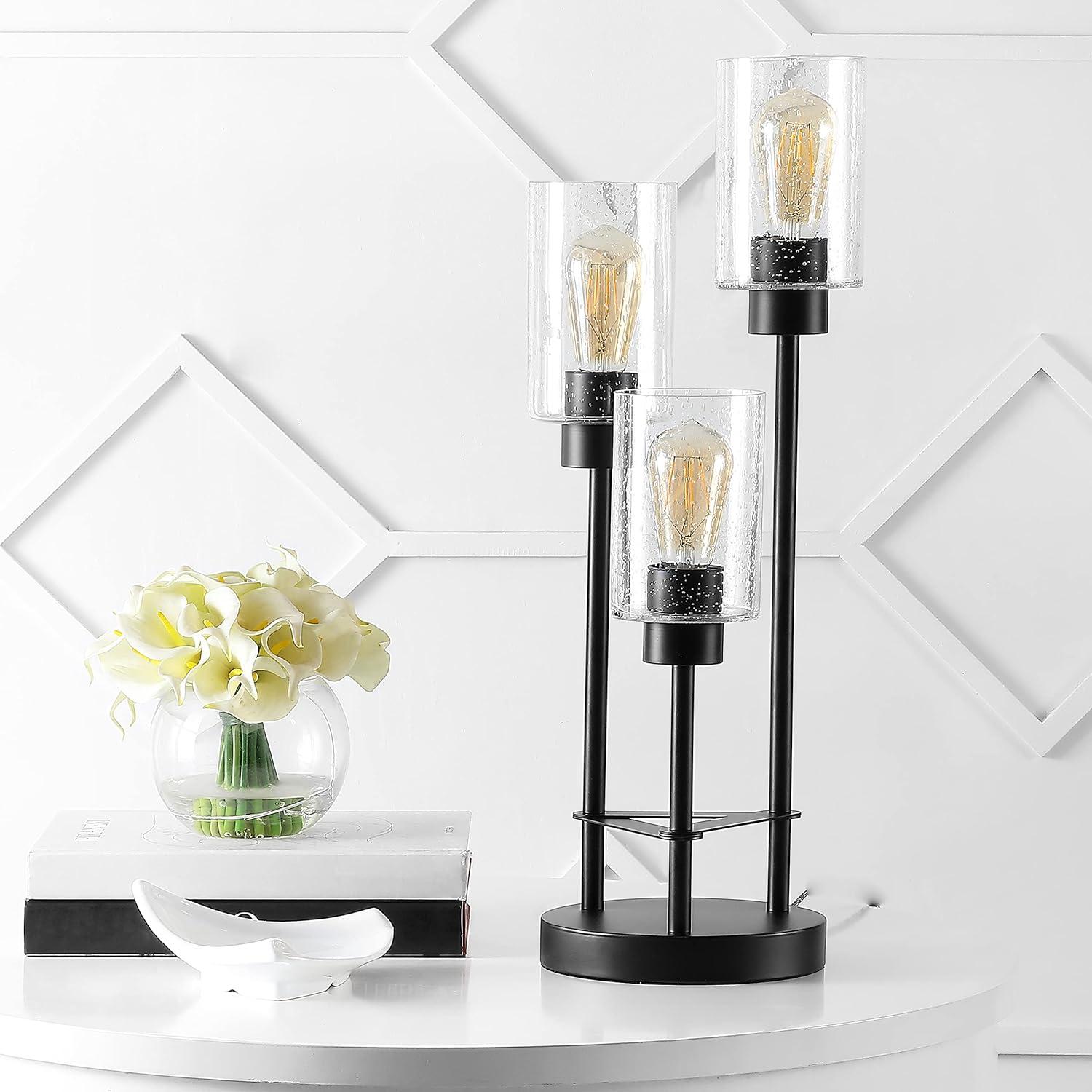 image:imageJONATHAN Y 205 Black 3Light Modern Industrial Iron Table Lamp Farmhouse Bedside Lamp with Seeded Glass Shades for Bedroom Living Room UL Listed LED Bulbs Included JYL3084A