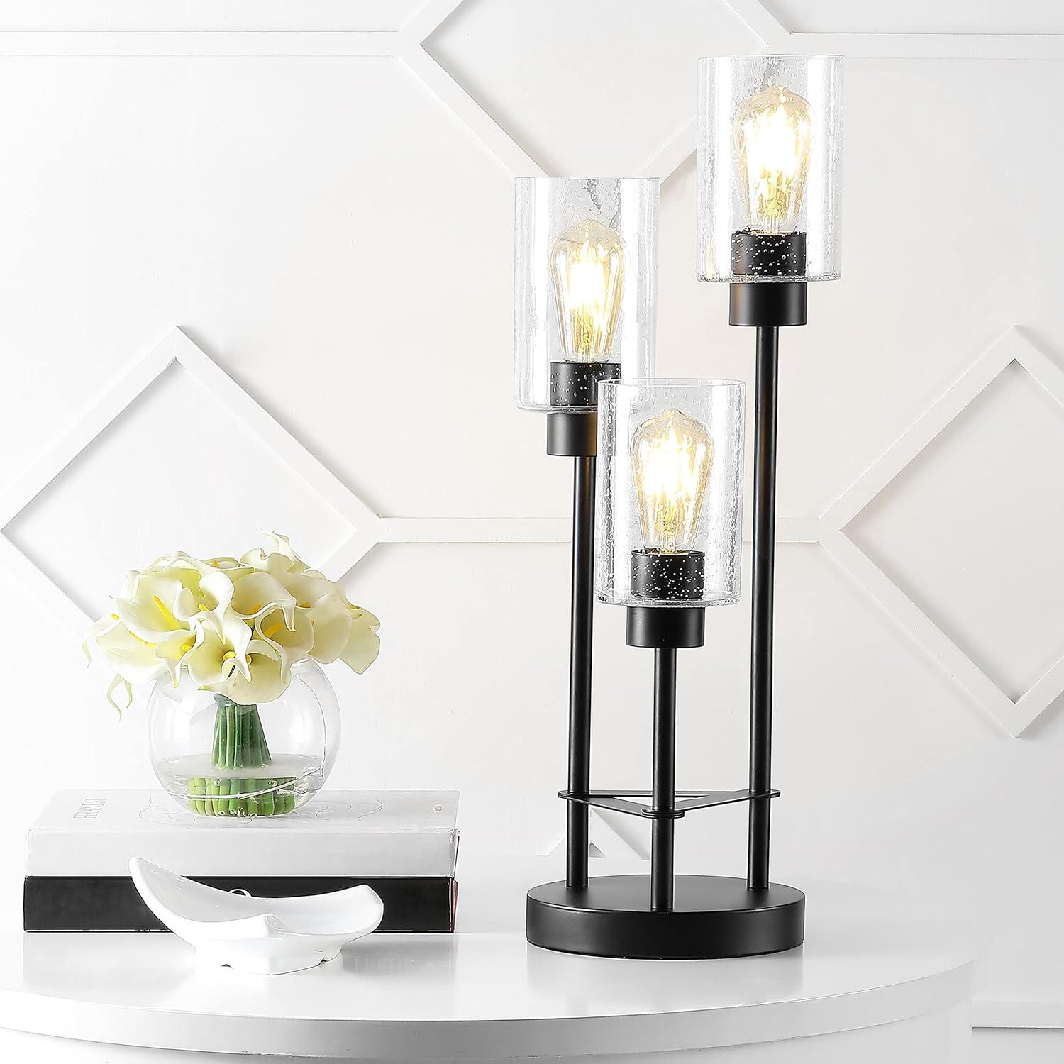 image:imageJONATHAN Y 205 Black 3Light Modern Industrial Iron Table Lamp Farmhouse Bedside Lamp with Seeded Glass Shades for Bedroom Living Room UL Listed LED Bulbs Included JYL3084A