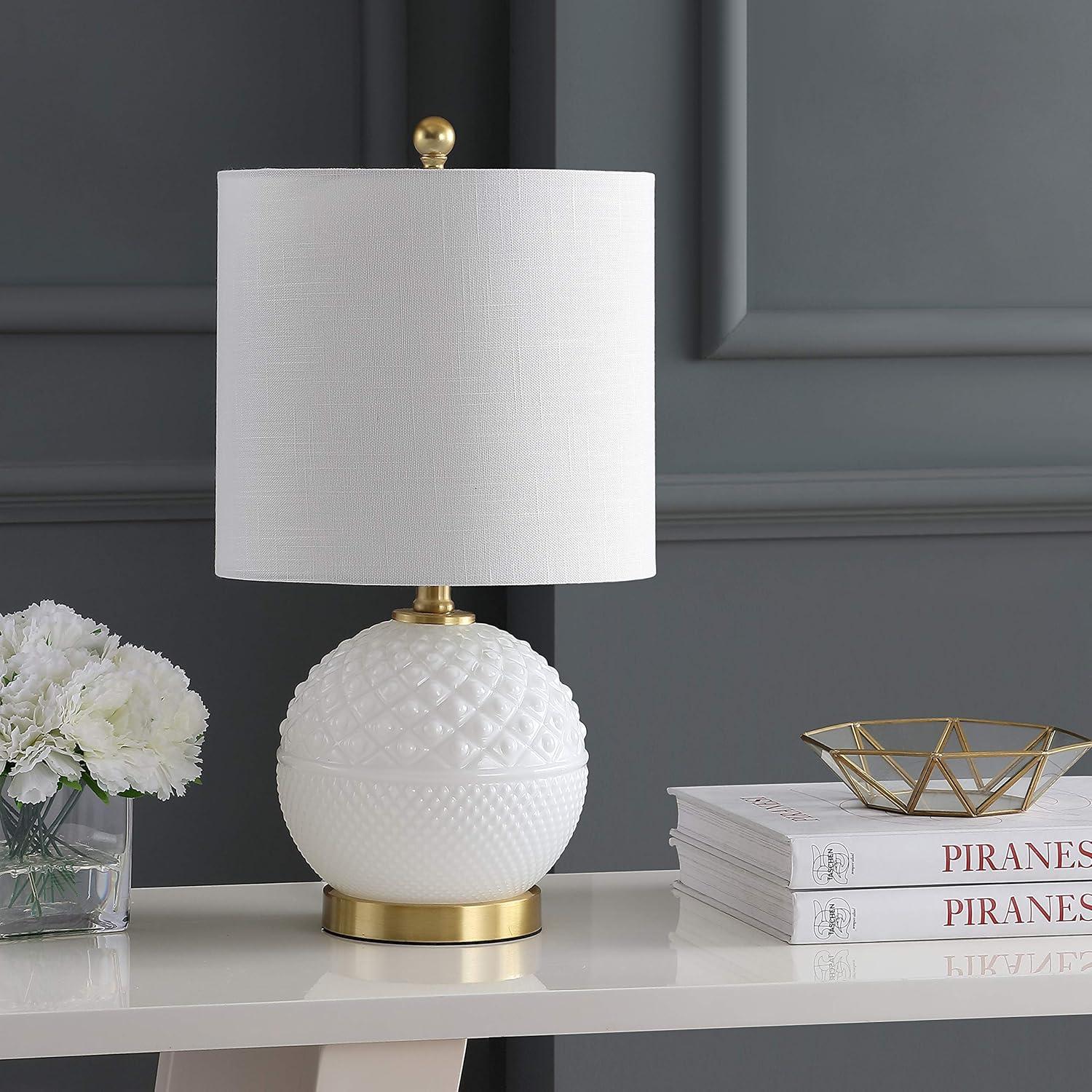 image:imageJONATHAN Y 205 WhiteBrass Gold GlassMetal Table Lamp Contemporary Hobnail Texture Globe Lamp with White Linen Shade for Living Room Bedroom LED Bulb Included JYL1040A