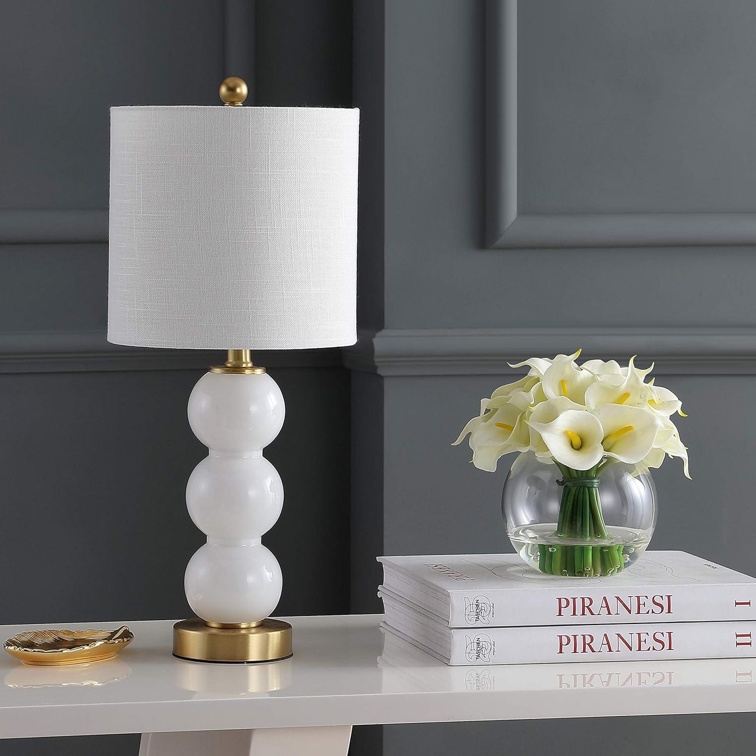 image:imageJONATHAN Y 21 ClearBrass Gold Glass Table Lamp for Bedroom and Living Room White Linen Shade Modern Stacked Sphere Bedside Lamp LED Bulb Included JYL1021BWhiteBrass Gold