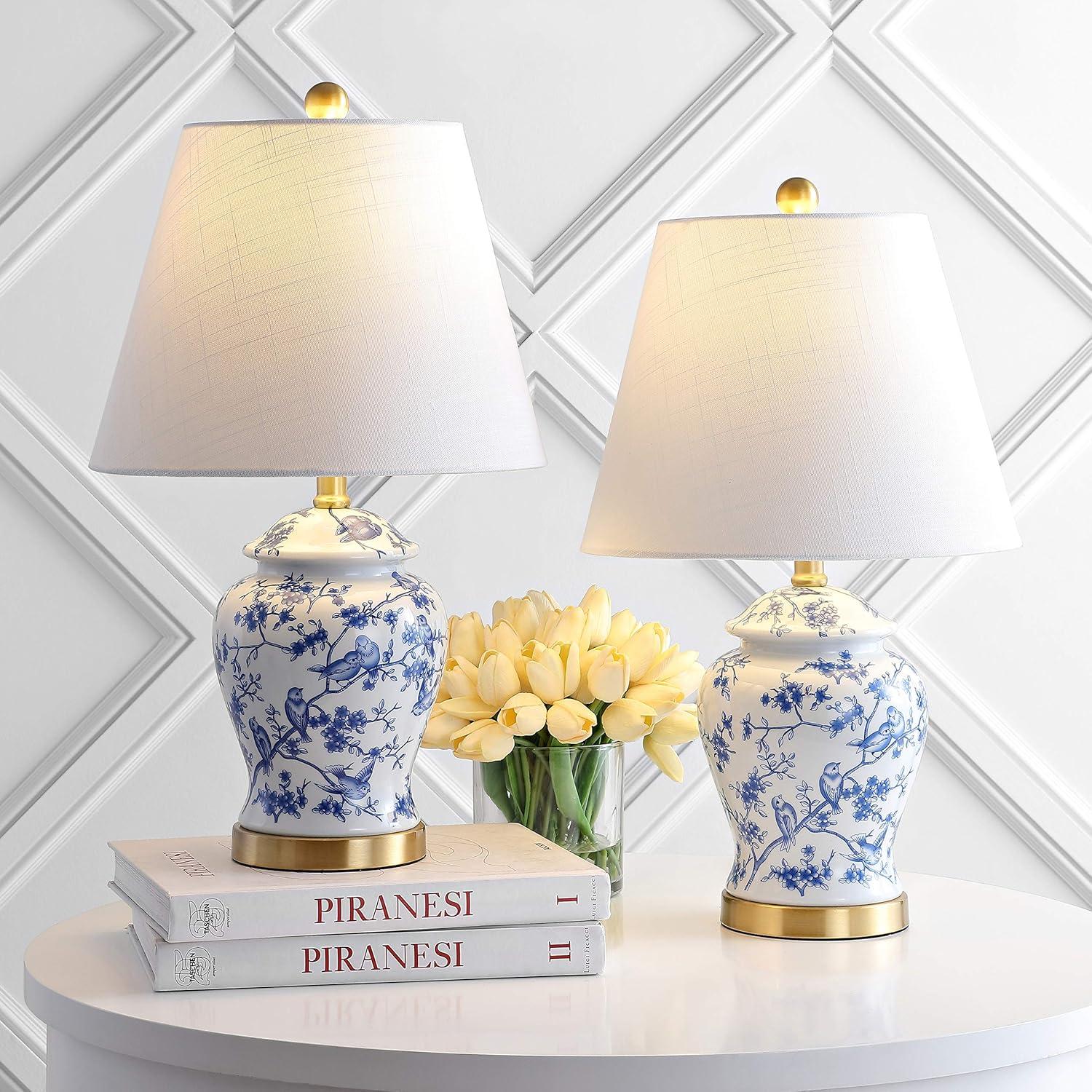 image:imageJONATHAN Y 22 NavyWhite Ceramic Table Lamp French Country Chinoiserie Ginger Jar LED Bedside Lamp for Living Room Bedroom White Linen Shade JYL3005DBlueWhite