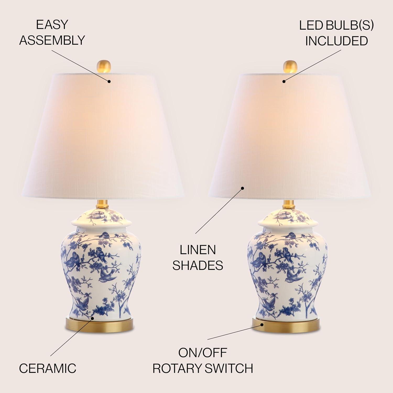 image:imageJONATHAN Y 22 NavyWhite Ceramic Table Lamp French Country Chinoiserie Ginger Jar LED Bedside Lamp for Living Room Bedroom White Linen Shade JYL3005DBlueWhite