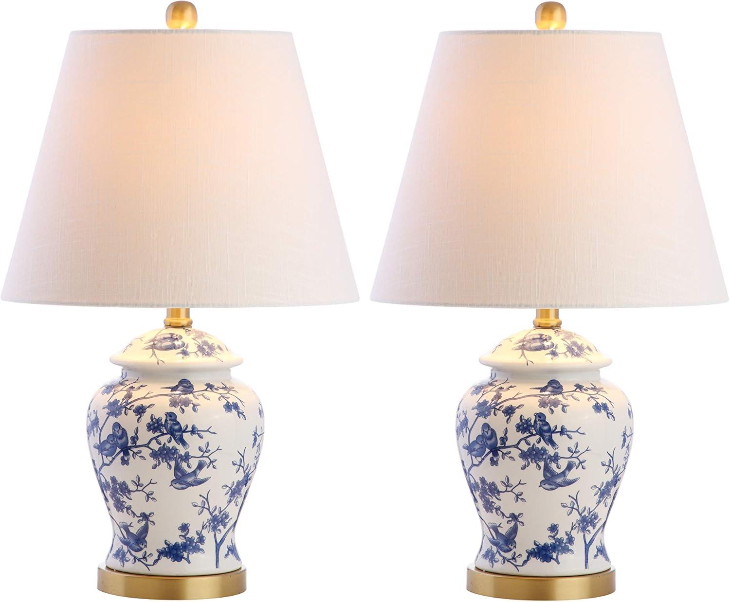 image:imageJONATHAN Y 22 NavyWhite Ceramic Table Lamp French Country Chinoiserie Ginger Jar LED Bedside Lamp for Living Room Bedroom White Linen Shade JYL3005DBlueWhite