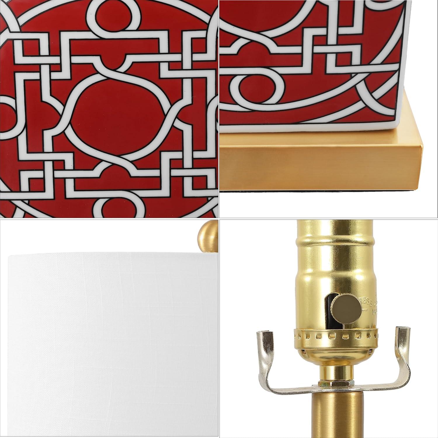 image:imageJONATHAN Y 22 RedWhite Modern Ceramic Ginger Jar Table Lamp for Nightstand Square Lattice Transitional Chinoiserie Lamp for Living Room White Linen Shade LED Bulb JYL3044BRedWhite