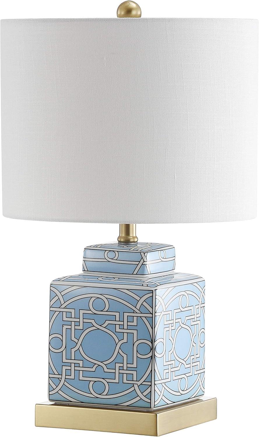 image:imageJONATHAN Y 22 RedWhite Modern Ceramic Ginger Jar Table Lamp for Nightstand Square Lattice Transitional Chinoiserie Lamp for Living Room White Linen Shade LED Bulb JYL3044BBlueWhite