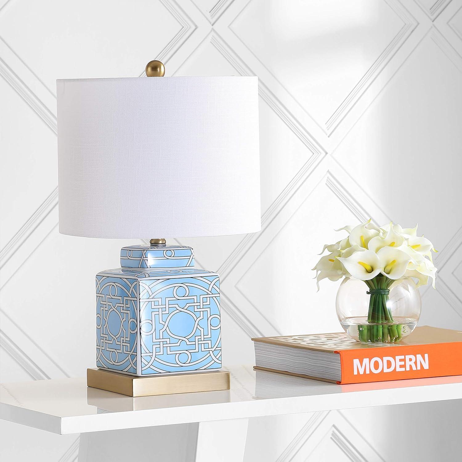 image:imageJONATHAN Y 22 RedWhite Modern Ceramic Ginger Jar Table Lamp for Nightstand Square Lattice Transitional Chinoiserie Lamp for Living Room White Linen Shade LED Bulb JYL3044BBlueWhite