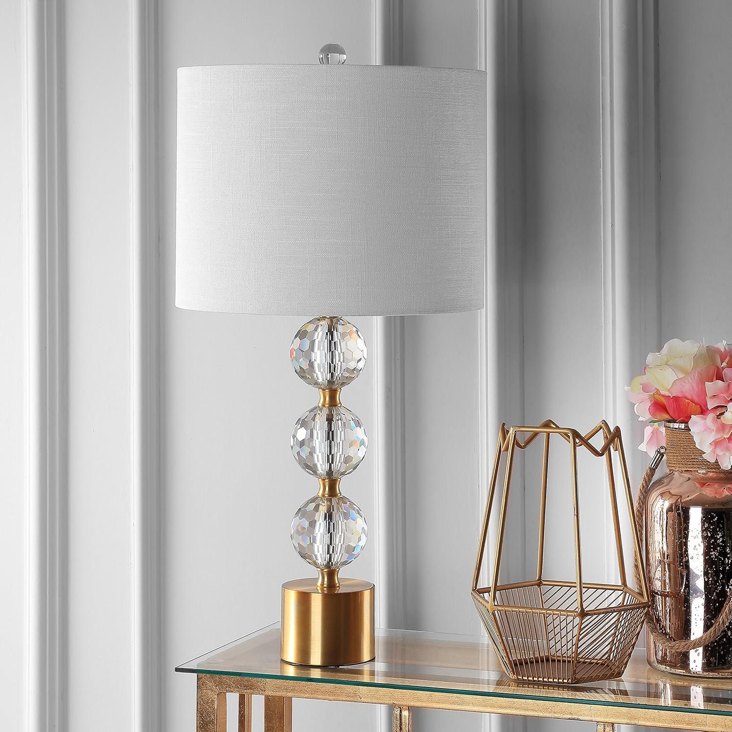 image:imageJONATHAN Y 2525 Clear and Brass Gold Crystal Table Lamp Modern Glam Faceted Orb Bedside Lamp with White Linen Drum Shade for Living Room Bedroom LED Bulb Included JYL5017A