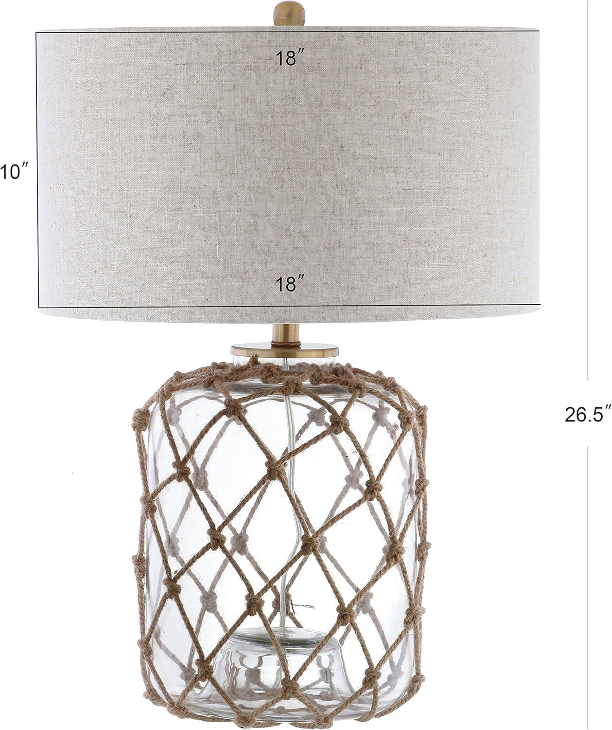 image:imageJONATHAN Y 265 BrownClear Glass and Rope Coastal LED Table Lamp Nautical Jute Net Lamp for Living Room Bedroom Nightstand Gray Linen Drum Shade LED Bulb Included JYL5033A