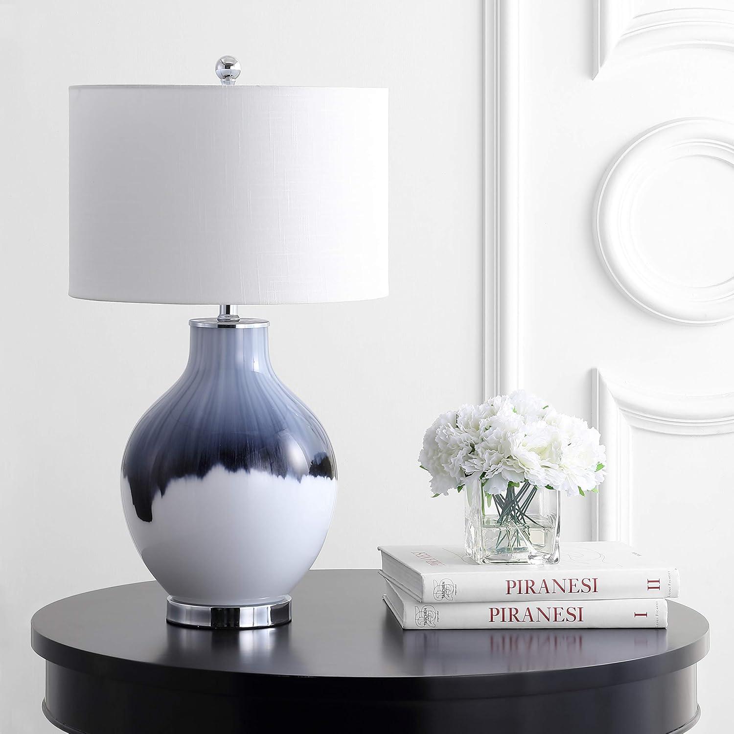 image:imageJONATHAN Y 27 BlueWhite Drip Glass and Metal Table Lamp Modern Transitional Bedside Lamp for Living Room Bedroom White Linen Drum Shade LED Bulb Included JYL1065A