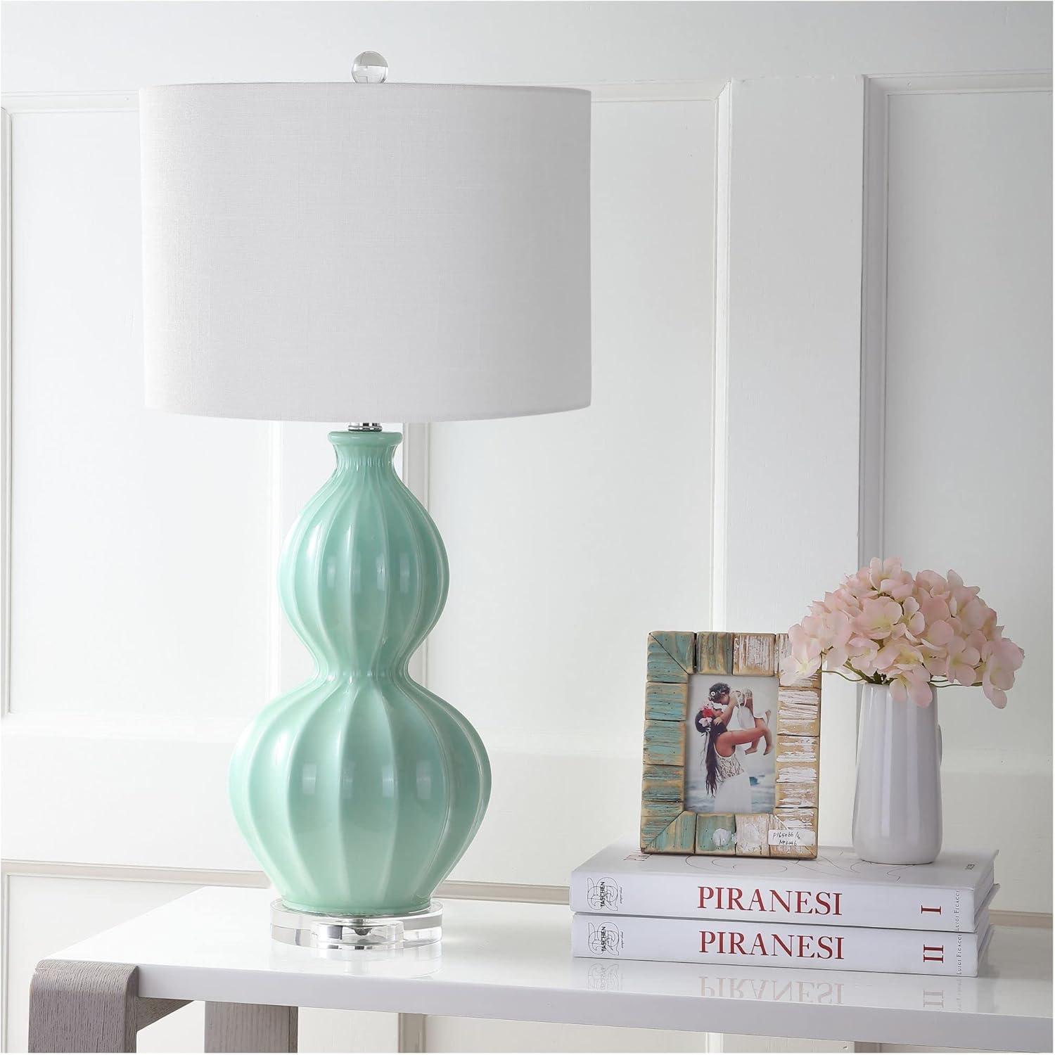 image:imageJONATHAN Y 28 Seafoam Green Fluted Ceramic Gourd LED Table Lamp Midcentury Glam Bedside Lamp for Living Room Bedroom White Linen Drum Shade LED Bulb Included JYL5015A