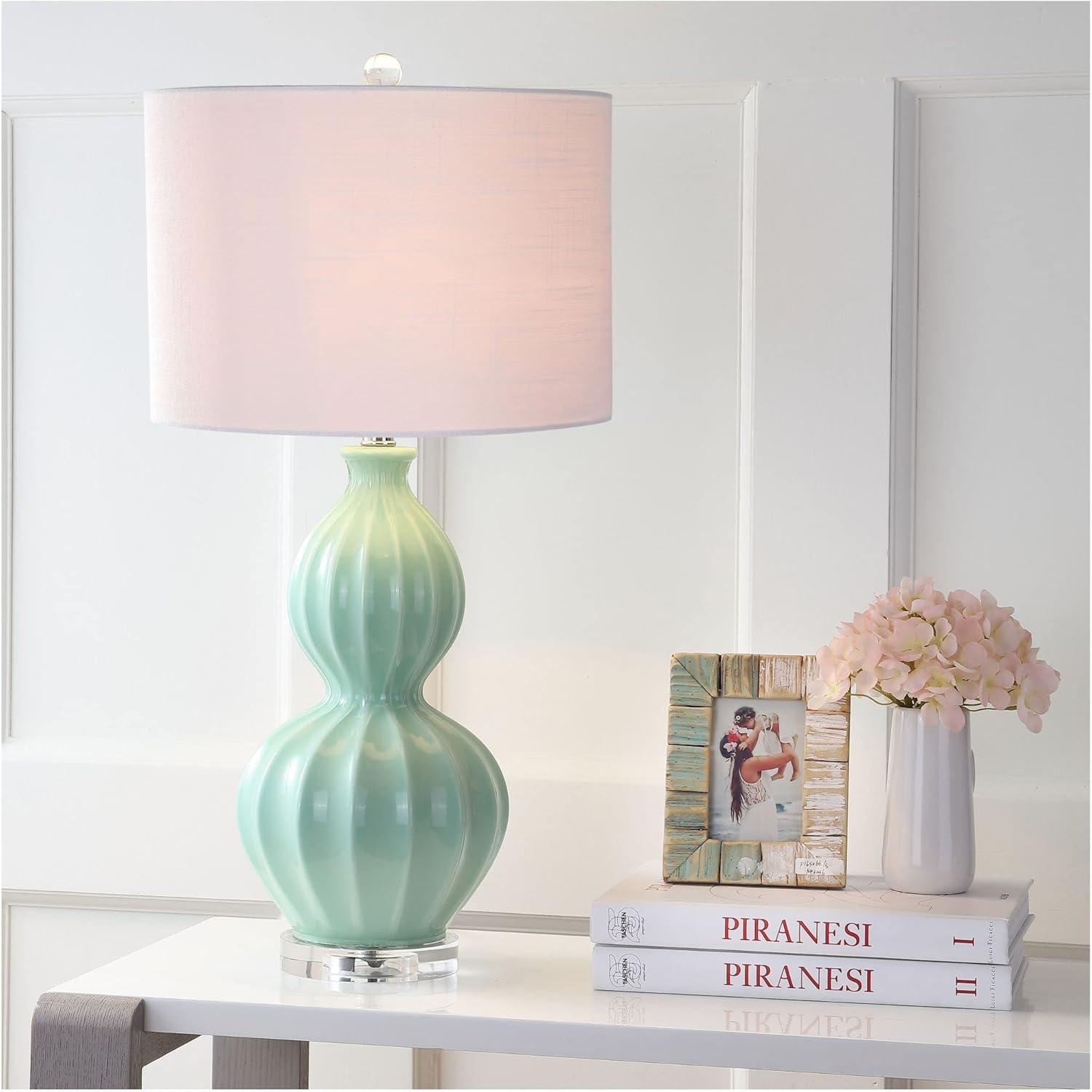 image:imageJONATHAN Y 28 Seafoam Green Fluted Ceramic Gourd LED Table Lamp Midcentury Glam Bedside Lamp for Living Room Bedroom White Linen Drum Shade LED Bulb Included JYL5015A