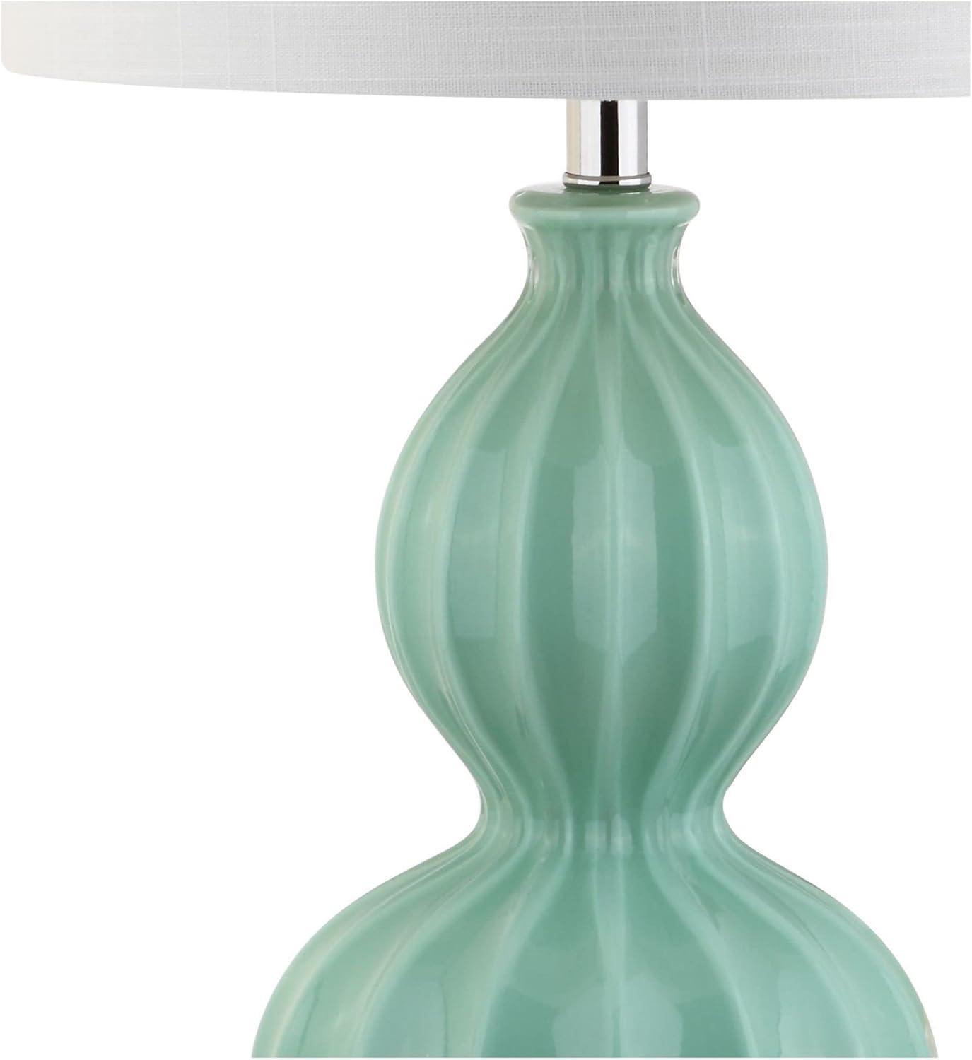 image:imageJONATHAN Y 28 Seafoam Green Fluted Ceramic Gourd LED Table Lamp Midcentury Glam Bedside Lamp for Living Room Bedroom White Linen Drum Shade LED Bulb Included JYL5015A