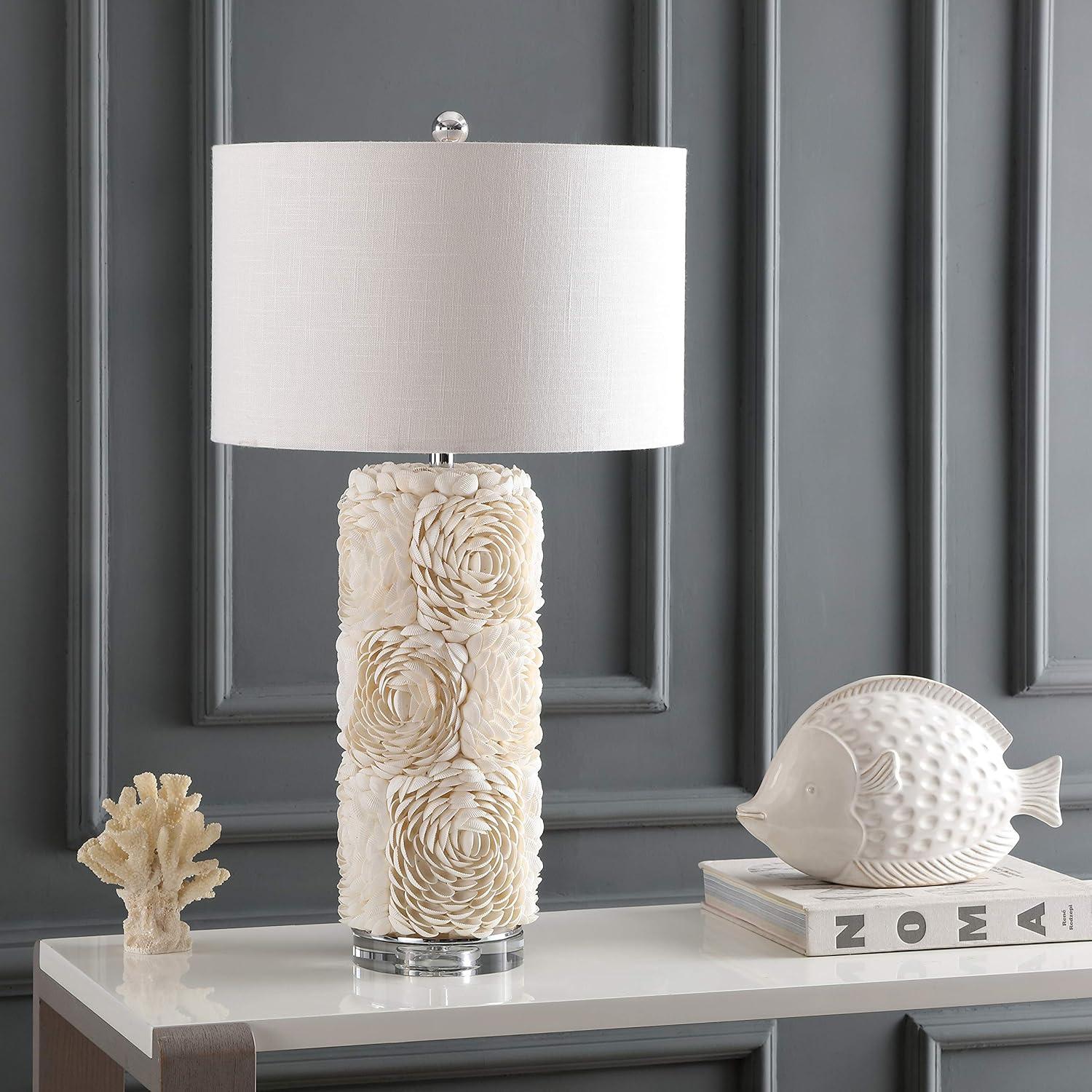 image:imageJONATHAN Y 285 Cream Seashell Resin and Crystal LED Table Lamp Coastal Floral Mosaic Column Lamp with White Linen Drum Shade for Living Room LED Bulb Included JYL1006A