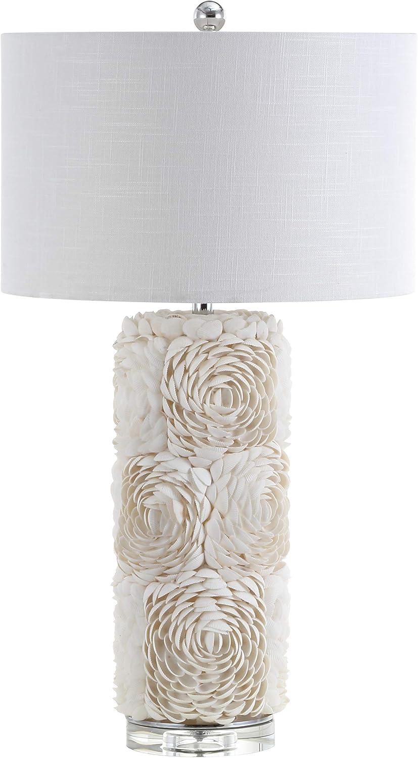 image:imageJONATHAN Y 285 Cream Seashell Resin and Crystal LED Table Lamp Coastal Floral Mosaic Column Lamp with White Linen Drum Shade for Living Room LED Bulb Included JYL1006A