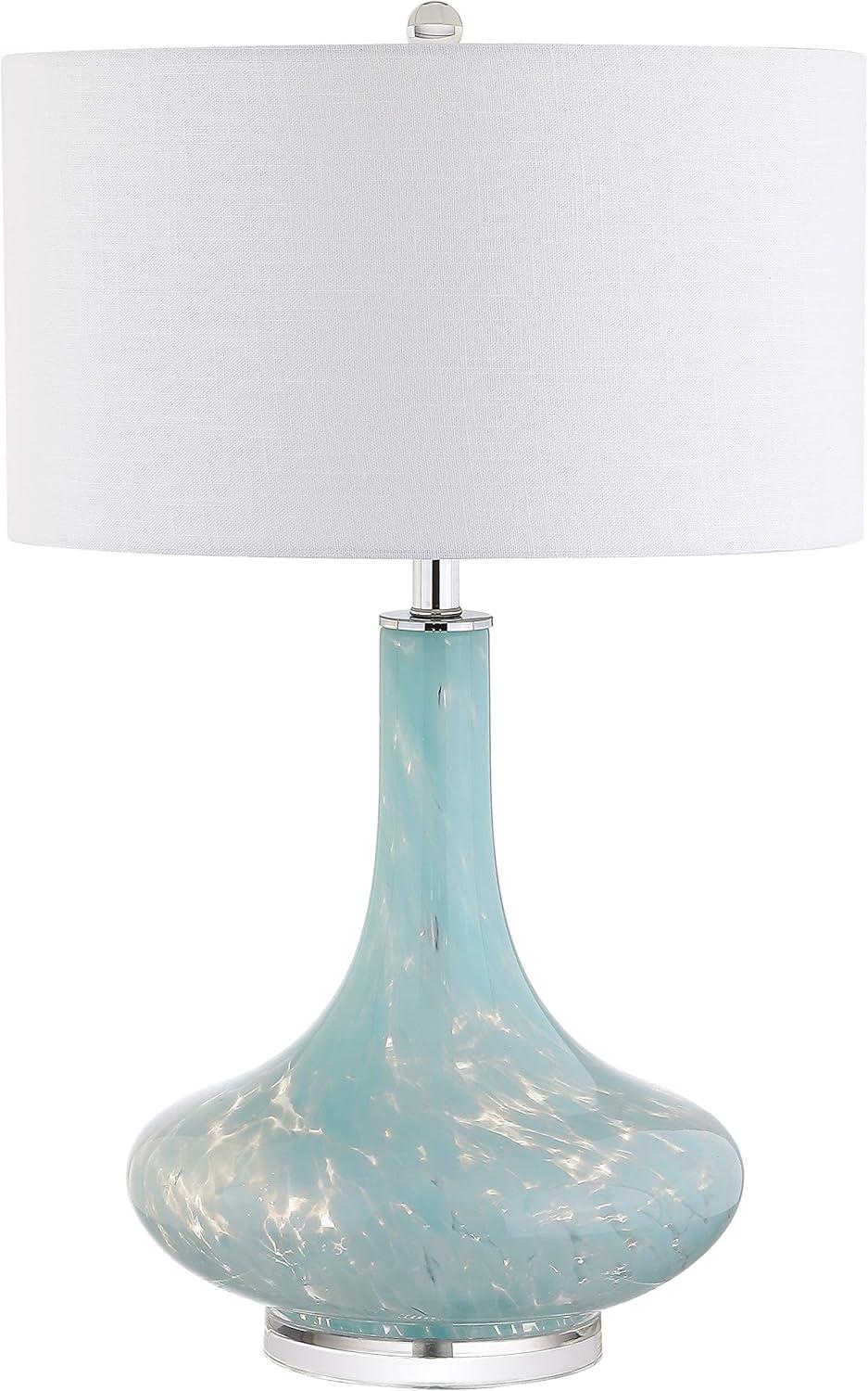 image:imageJONATHAN Y 29 Ice Blue Teardrop Glass LED Table Lamp Contemporary Gourd Lamp with White Linen Drum Shade and Chrome Base for Living Room Bedroom LED Bulb Included JYL2001A