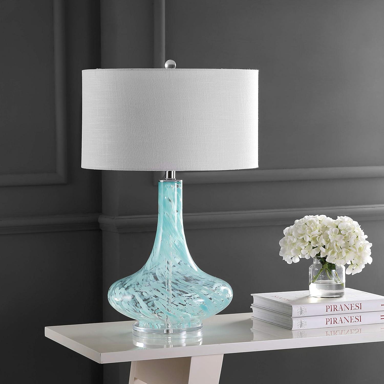 image:imageJONATHAN Y 29 Ice Blue Teardrop Glass LED Table Lamp Contemporary Gourd Lamp with White Linen Drum Shade and Chrome Base for Living Room Bedroom LED Bulb Included JYL2001A