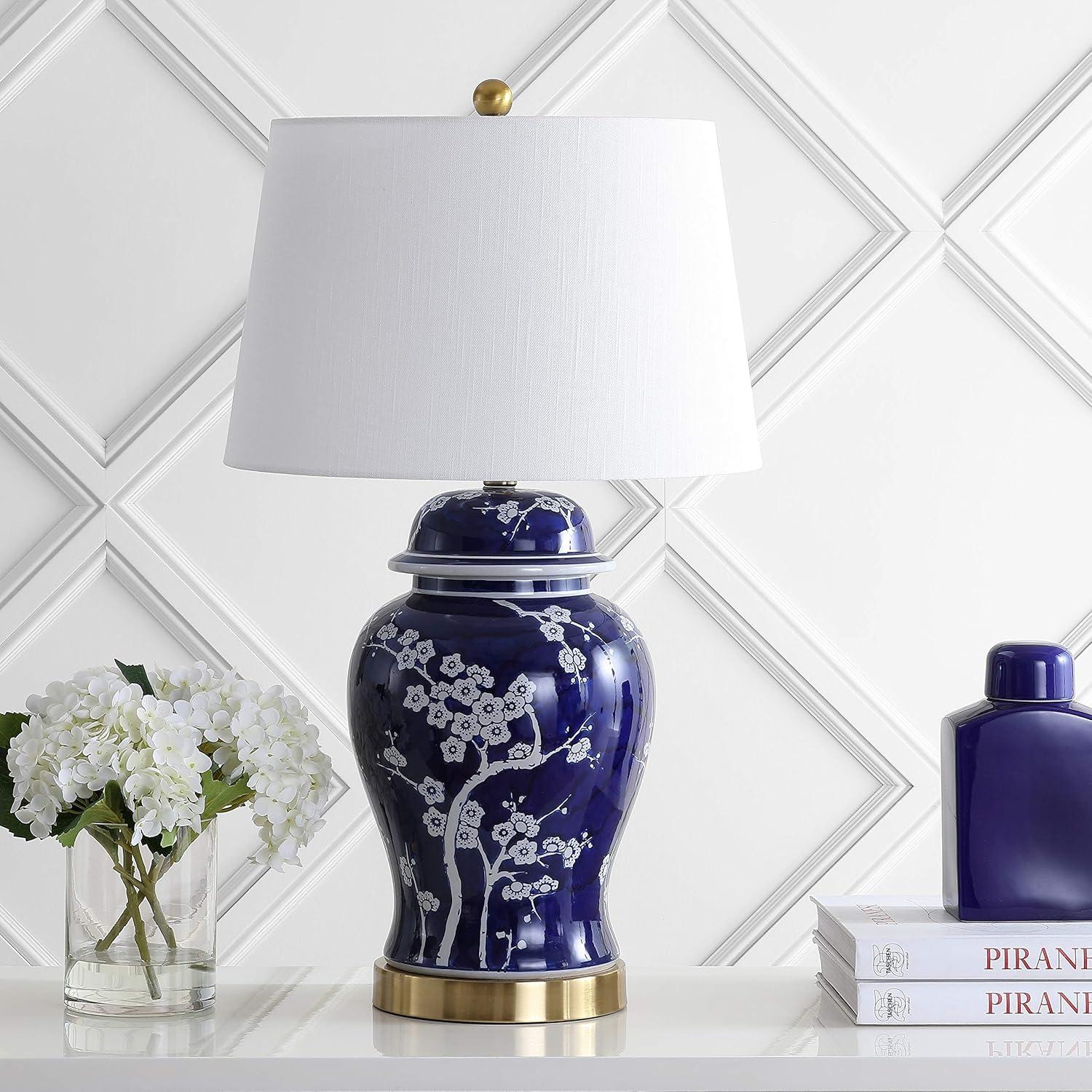 image:imageJONATHAN Y 295 GreenWhite Traditional Ceramic Ginger Jar Table Lamp for Living Room Chinoiserie Asian Bedside Lamp with White Linen Shade and LED Bulb Included JYL3047BWhiteNavy