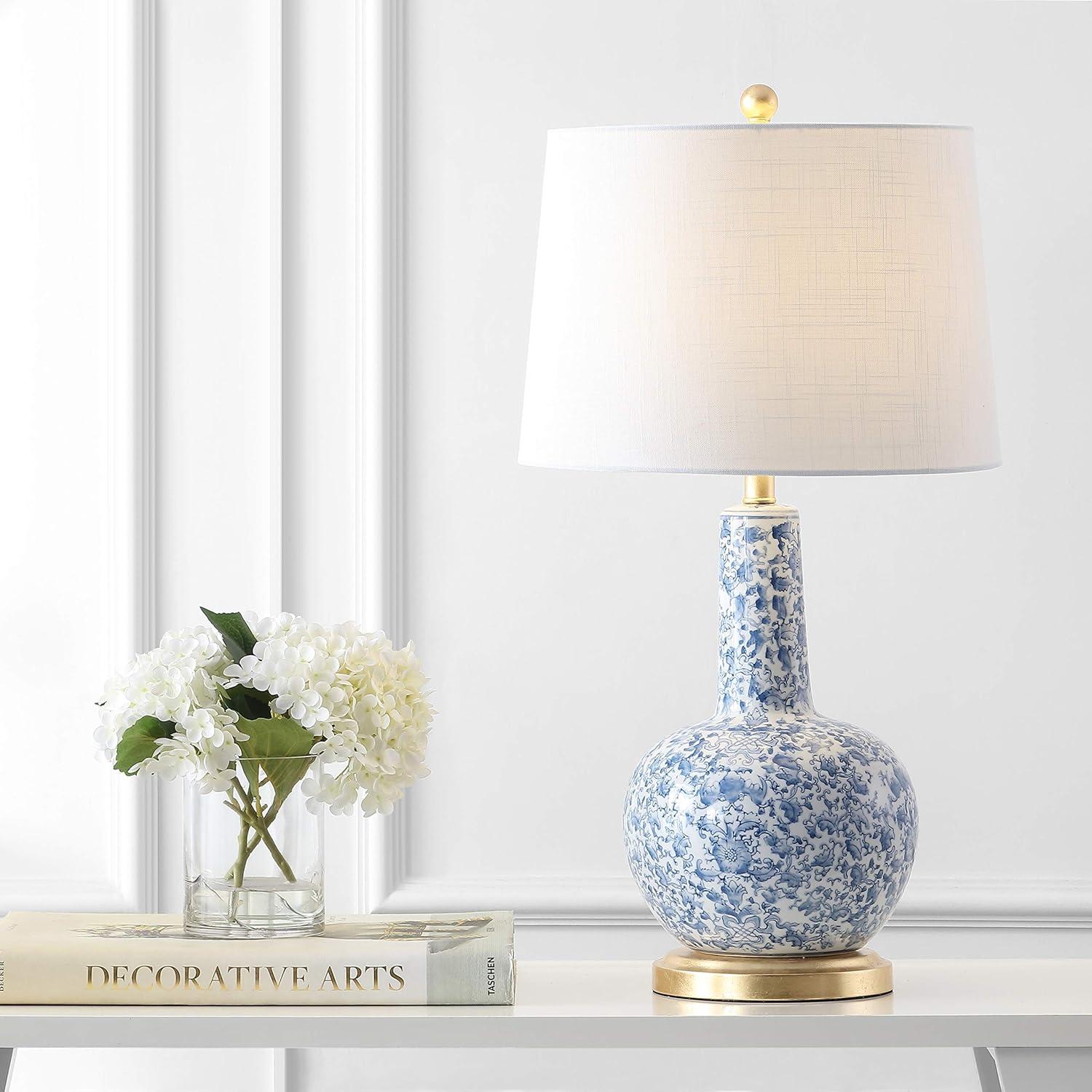 image:imageJONATHAN Y 30 BlueWhite Ceramic Gourd LED Table Lamp Classic Chinoiserie Vine Pattern Traditional Cottage Lamp with White Linen Shade Gold Base LED Bulb Included JYL5051A