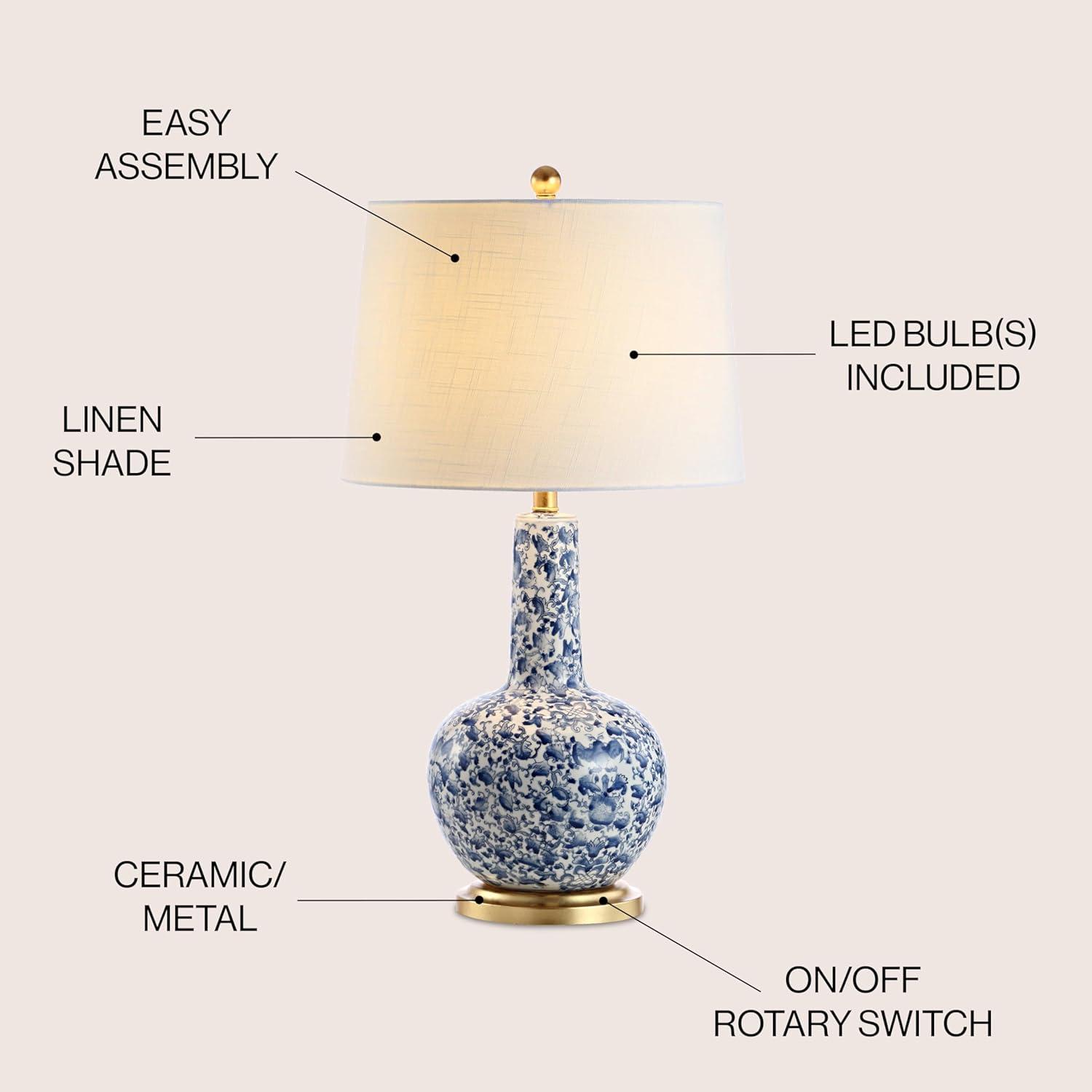 image:imageJONATHAN Y 30 BlueWhite Ceramic Gourd LED Table Lamp Classic Chinoiserie Vine Pattern Traditional Cottage Lamp with White Linen Shade Gold Base LED Bulb Included JYL5051A