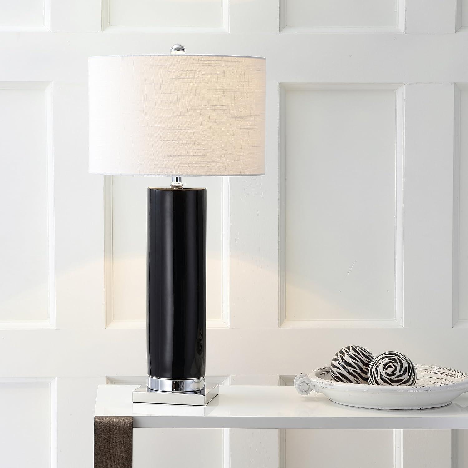 image:imageJONATHAN Y 315 White Ceramic Table Lamp with Chrome Base for Living Room White Linen Drum Shade Modern Bedside Lamp for Bedroom Office Nightstand LED Bulb Included JYL8021ABlackChrome