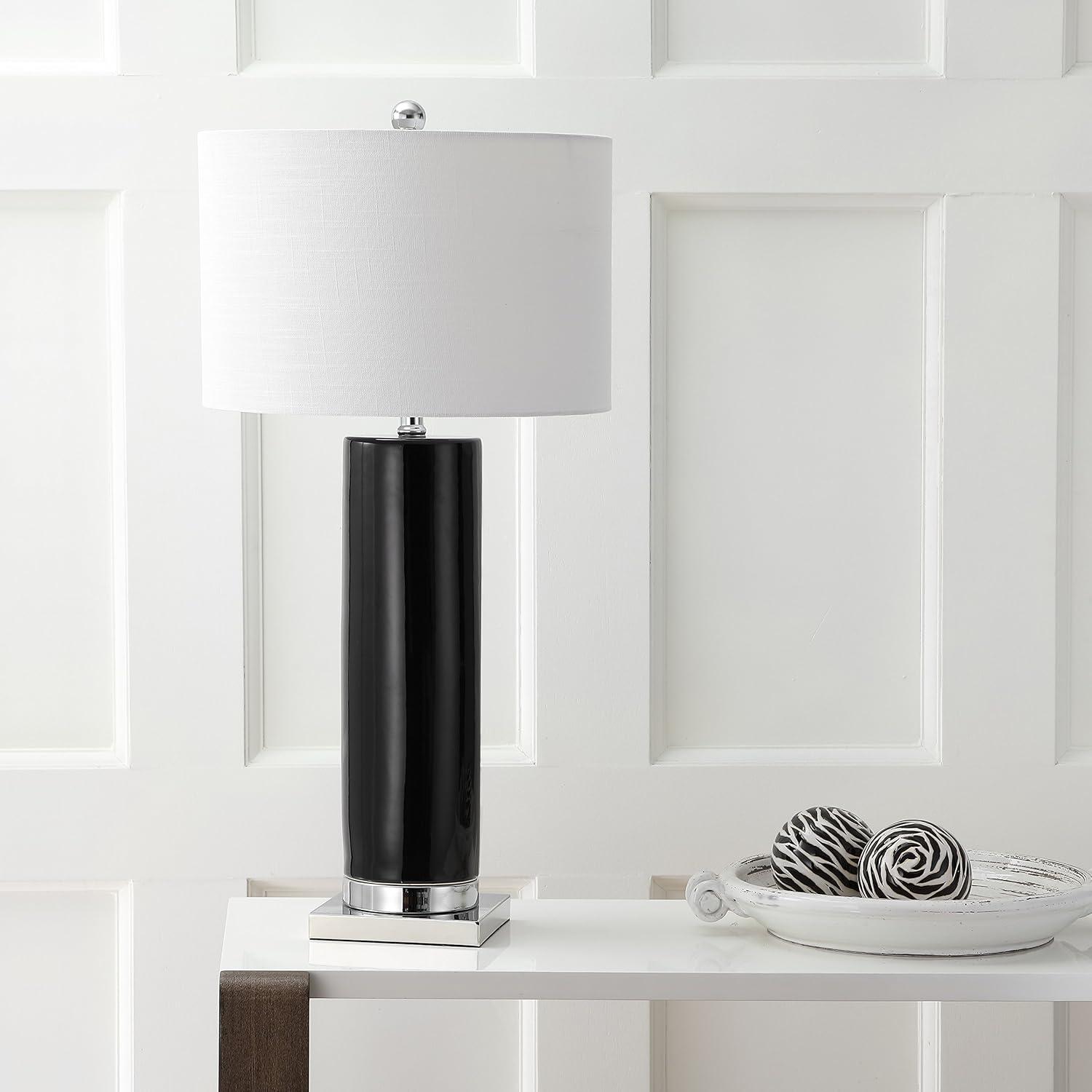 image:imageJONATHAN Y 315 White Ceramic Table Lamp with Chrome Base for Living Room White Linen Drum Shade Modern Bedside Lamp for Bedroom Office Nightstand LED Bulb Included JYL8021ABlackChrome