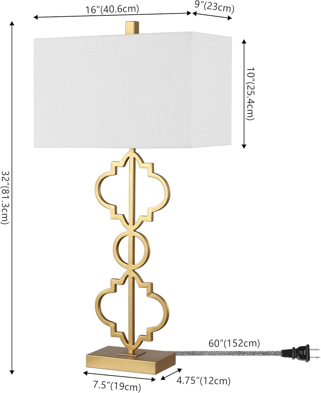 image:imageJONATHAN Y 32 Gold Iron Ogee Trellis Modern LED USB Table Lamp Glam Geometric Metal Base with White Linen Rectangle Shade for Living Room Bedroom LED Bulb Included JYL3071A