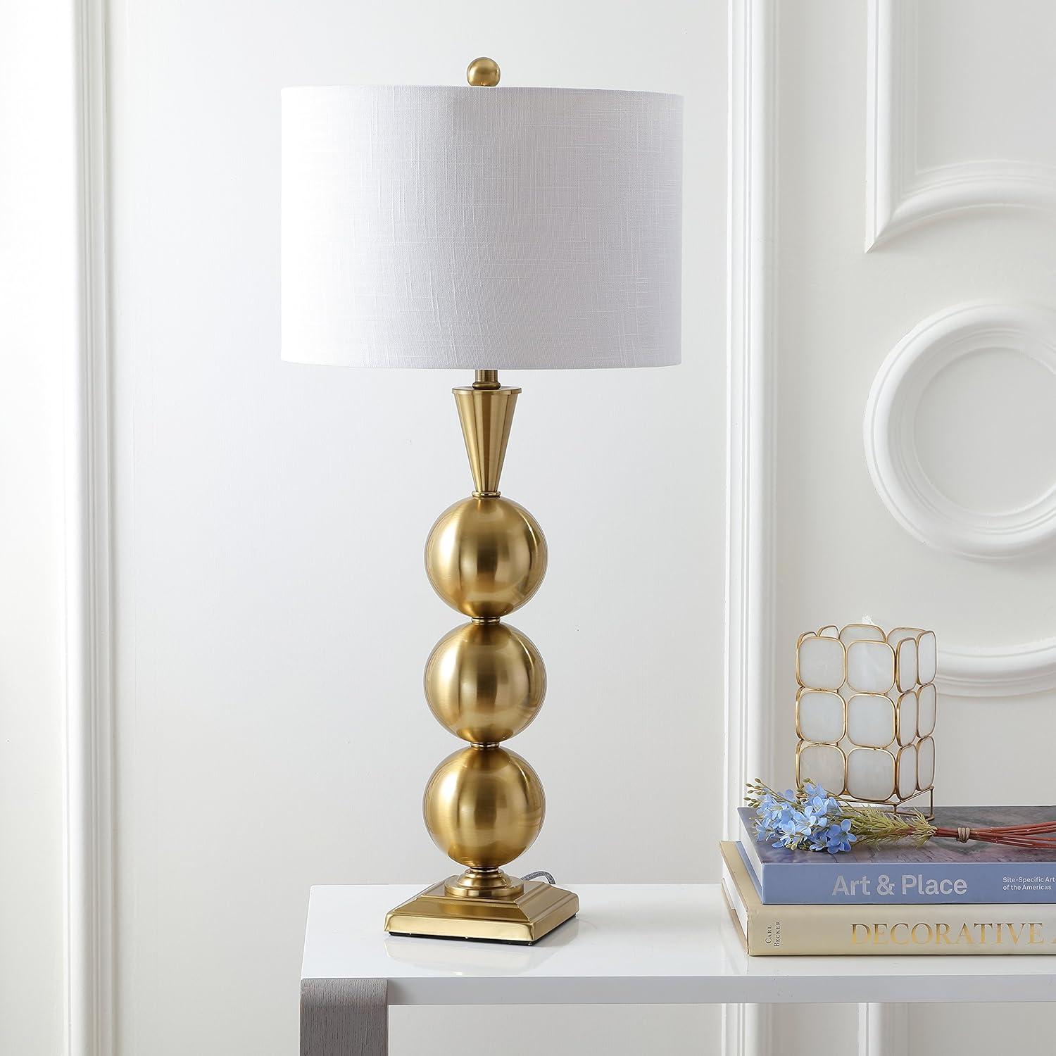 image:imageJONATHAN Y 33 Brass Gold Stacked Orb Metal LED Table Lamp Contemporary Transitional Iron Bedside Lamp for Living Room Bedroom White Linen Drum Shade LED Bulb Included JYL3021A