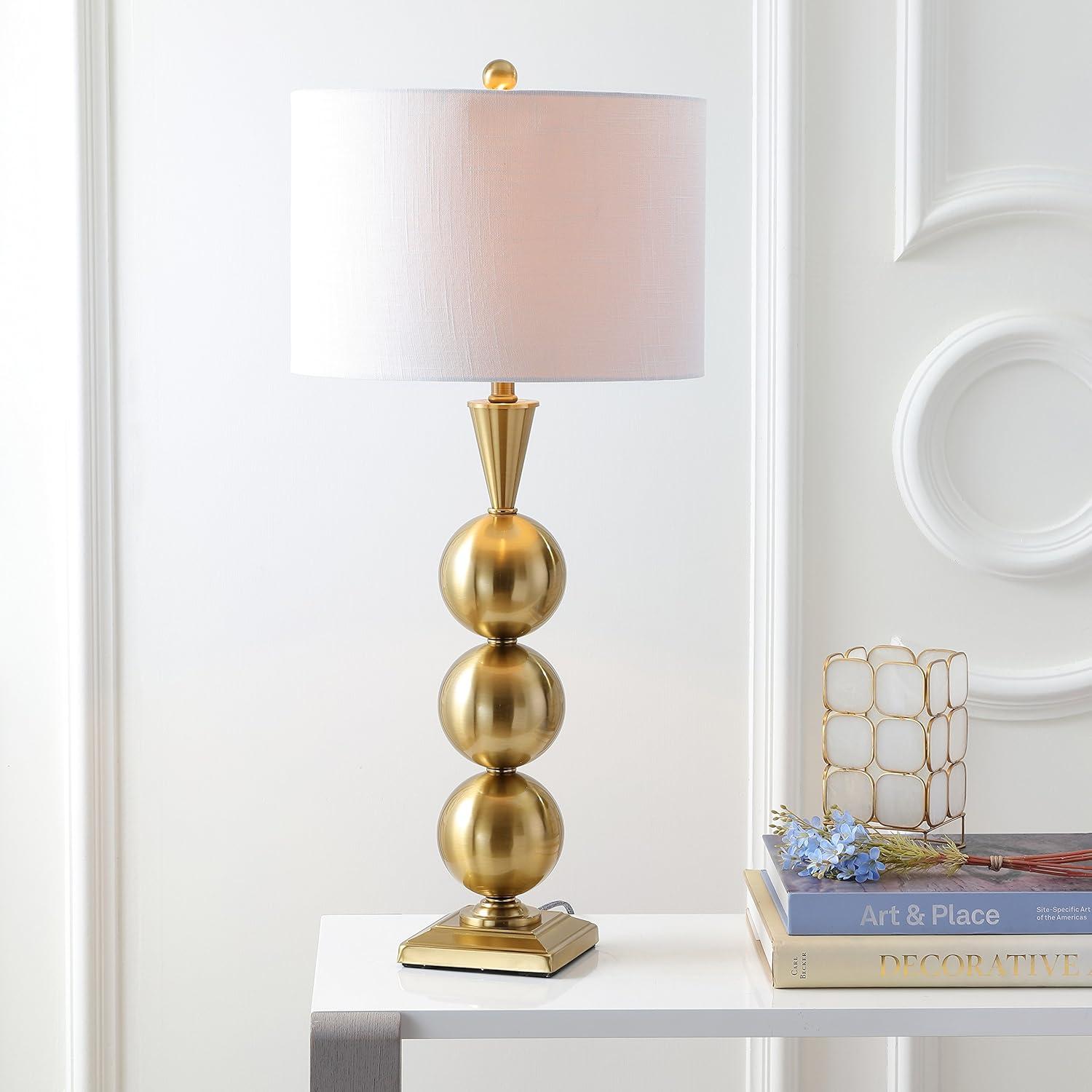 image:imageJONATHAN Y 33 Brass Gold Stacked Orb Metal LED Table Lamp Contemporary Transitional Iron Bedside Lamp for Living Room Bedroom White Linen Drum Shade LED Bulb Included JYL3021A