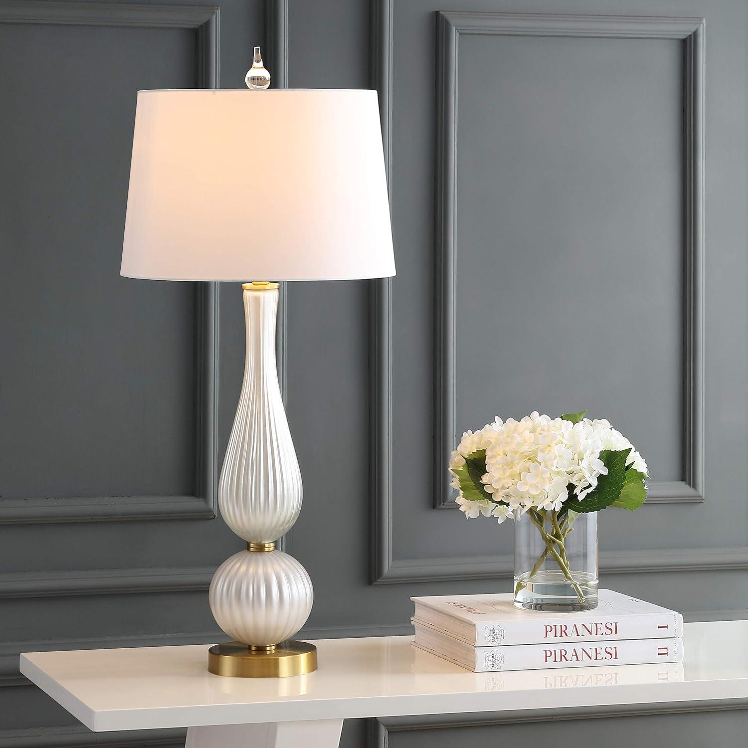image:imageJONATHAN Y 3375 White Iridescent Fluted Glass Table Lamp Contemporary Glam Bedside Lamp with Brass Gold Base and White Faux Silk Shade LED Bulb Included JYL2071A