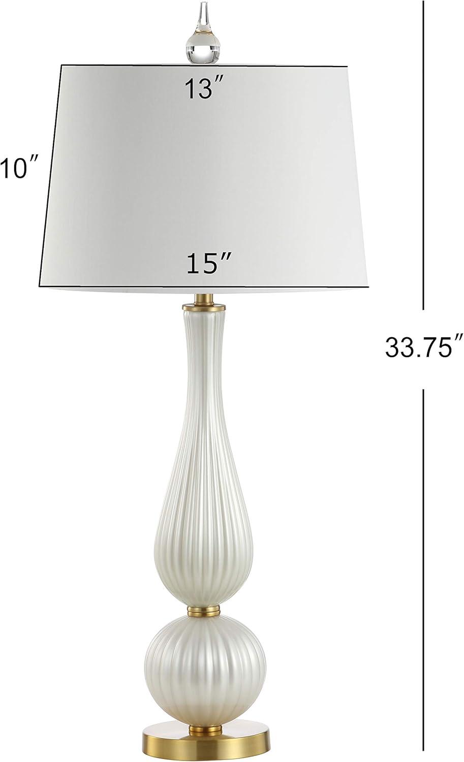 image:imageJONATHAN Y 3375 White Iridescent Fluted Glass Table Lamp Contemporary Glam Bedside Lamp with Brass Gold Base and White Faux Silk Shade LED Bulb Included JYL2071A