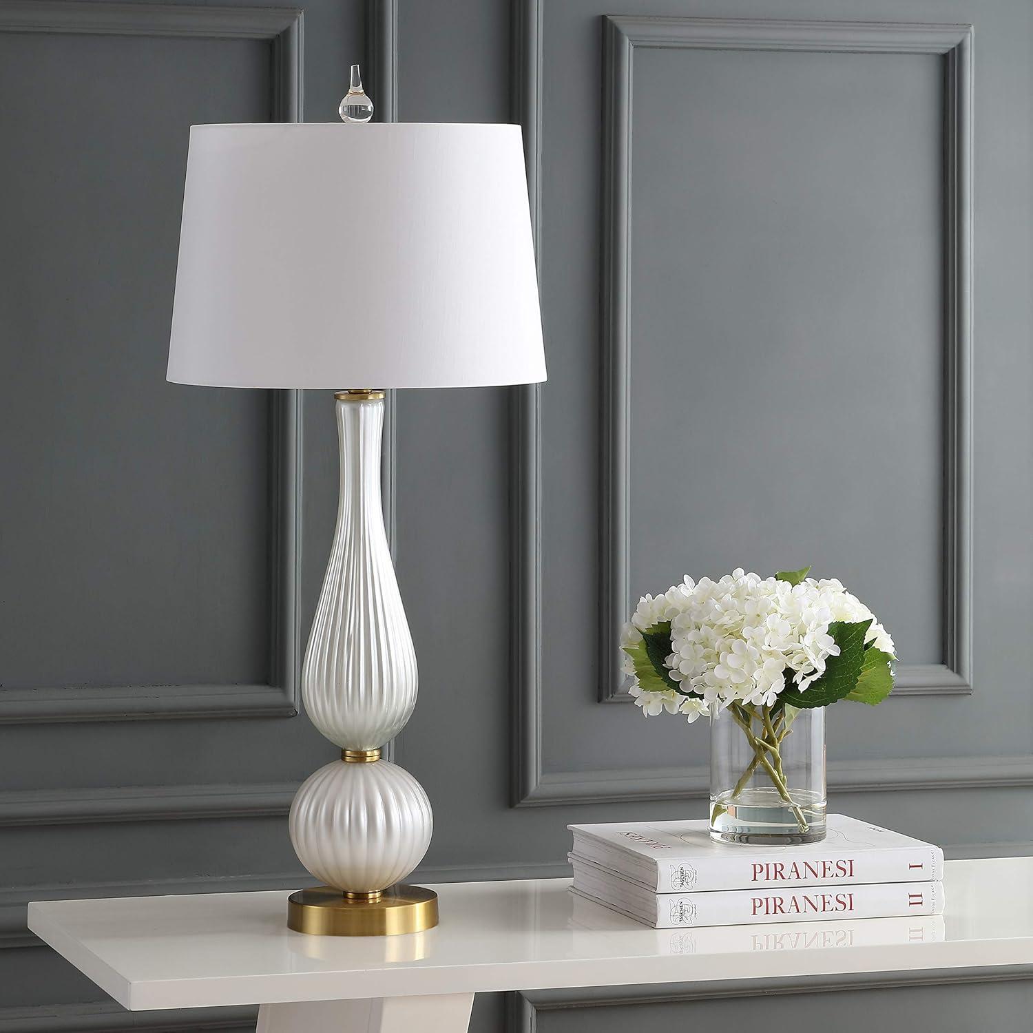 image:imageJONATHAN Y 3375 White Iridescent Fluted Glass Table Lamp Contemporary Glam Bedside Lamp with Brass Gold Base and White Faux Silk Shade LED Bulb Included JYL2071A