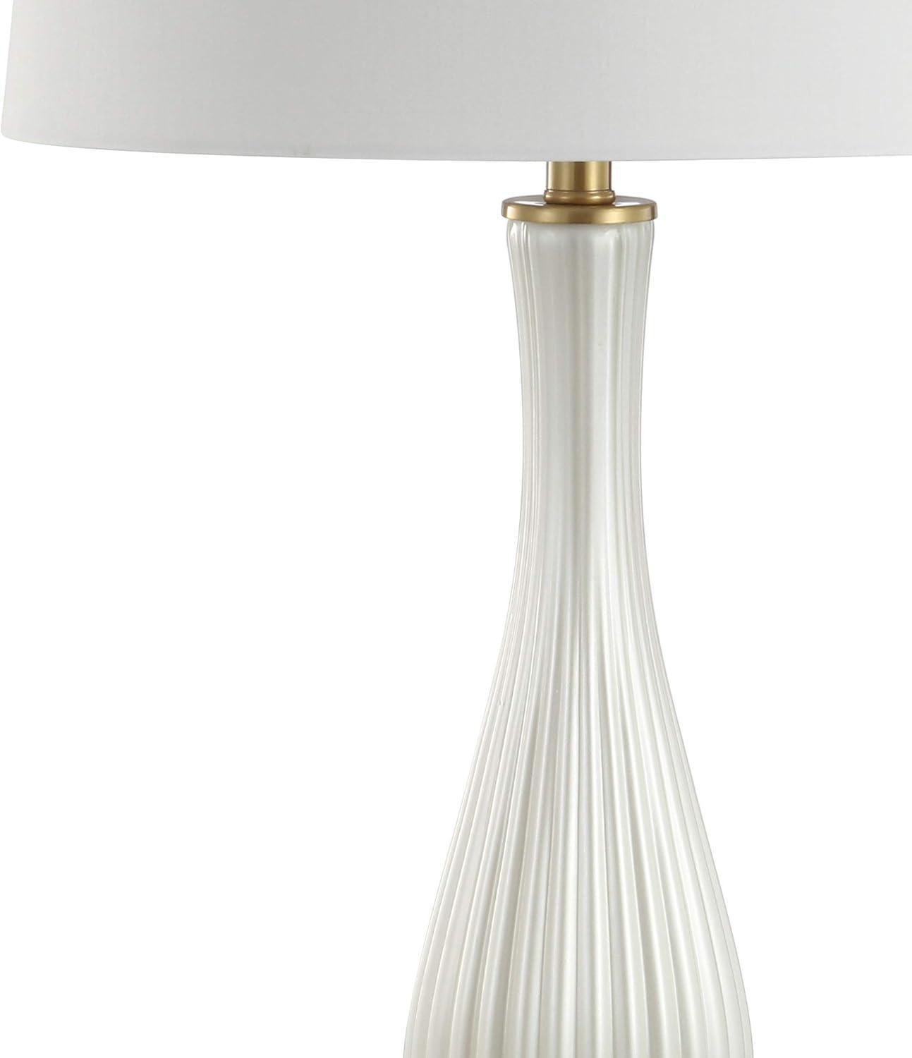 image:imageJONATHAN Y 3375 White Iridescent Fluted Glass Table Lamp Contemporary Glam Bedside Lamp with Brass Gold Base and White Faux Silk Shade LED Bulb Included JYL2071A