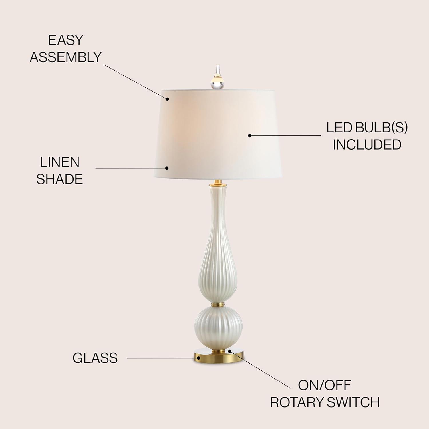 image:imageJONATHAN Y 3375 White Iridescent Fluted Glass Table Lamp Contemporary Glam Bedside Lamp with Brass Gold Base and White Faux Silk Shade LED Bulb Included JYL2071A