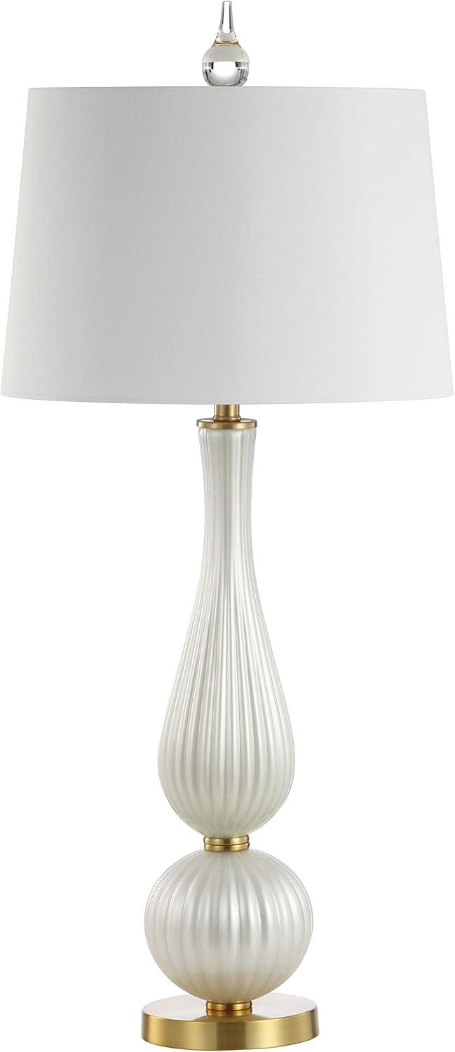 image:imageJONATHAN Y 3375 White Iridescent Fluted Glass Table Lamp Contemporary Glam Bedside Lamp with Brass Gold Base and White Faux Silk Shade LED Bulb Included JYL2071A