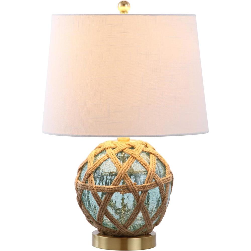 image:imageJONATHAN Y 215 Aqua Glass and Brown Rope Nautical Table Lamp Coastal Transitional Bedside Lamp with White Linen Drum Shade for Living Room LED Bulb Included JYL1085A
