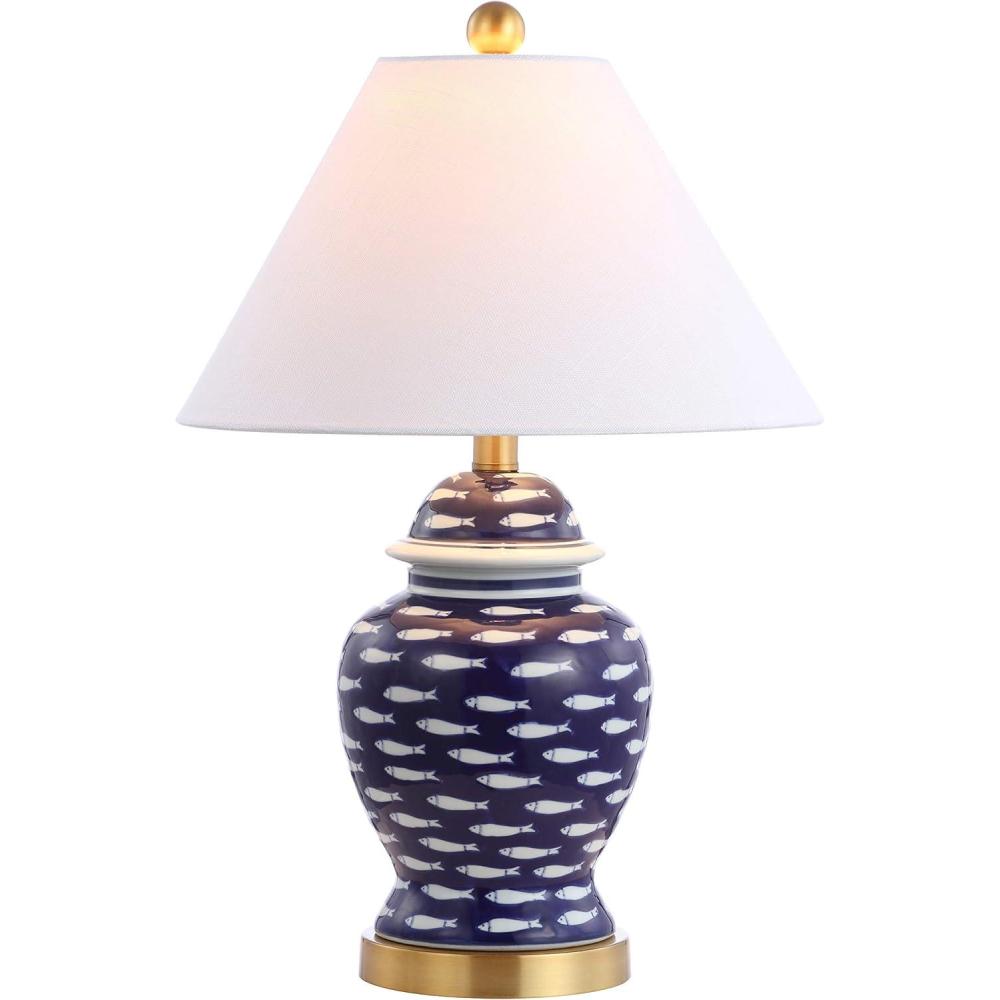 image:imageJONATHAN Y 22 Navy Blue and White School of Fish Ceramic Ginger Jar LED Table Lamp Coastal Nautical Bedside Lamp White Linen Shade UL Listed LED Bulb Included JYL6209A