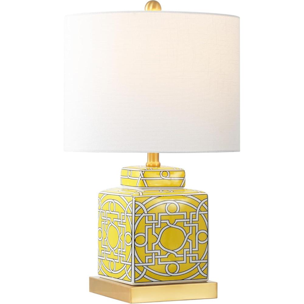 image:imageJONATHAN Y 22 RedWhite Modern Ceramic Ginger Jar Table Lamp for Nightstand Square Lattice Transitional Chinoiserie Lamp for Living Room White Linen Shade LED Bulb JYL3044BYellowWhite