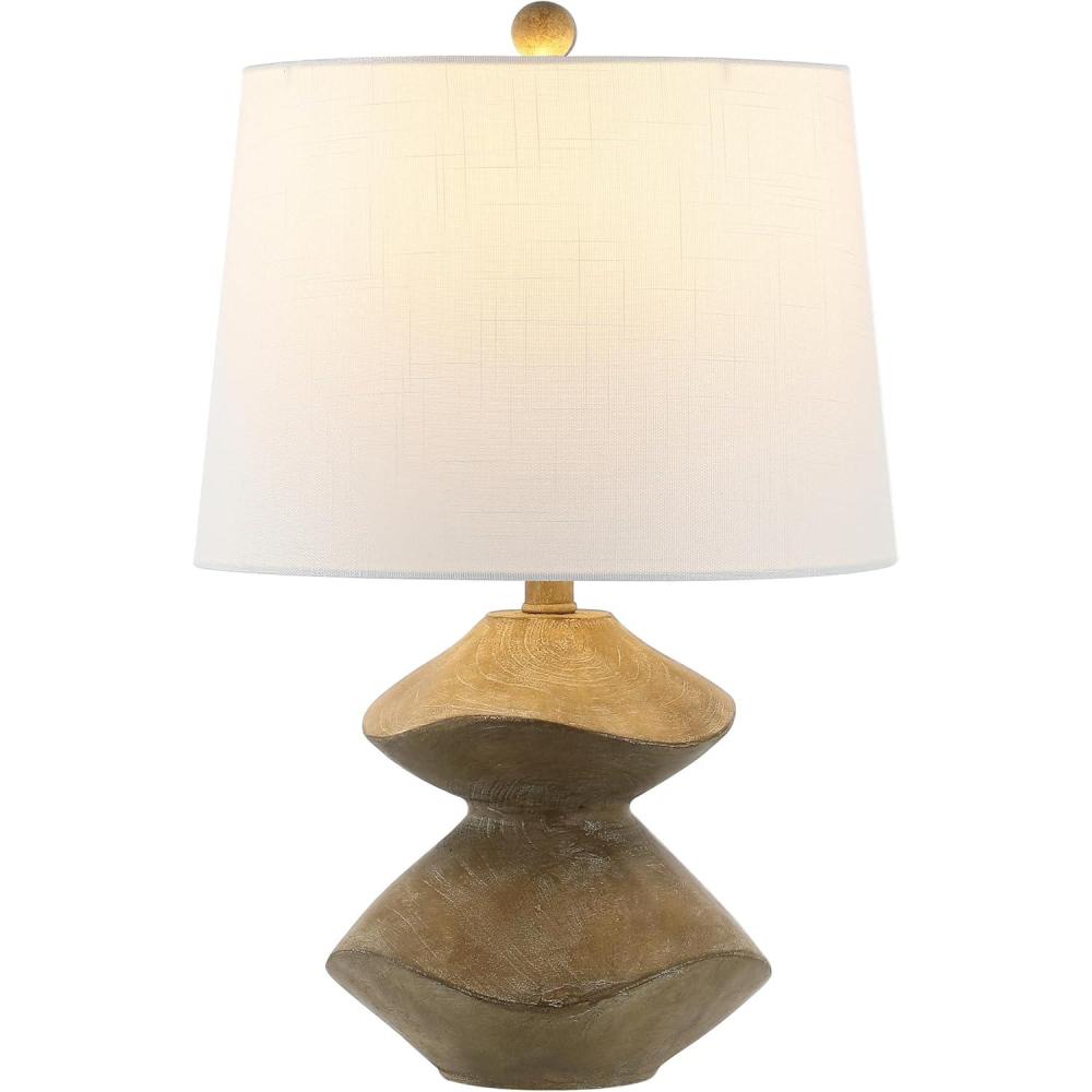 image:imageJONATHAN Y 245 Brown Wood Finish Coastal 3Stack Cairn LED Table Lamp for Living Room White Linen Shade Rustic MidCentury Modern Bedside Lamp for Bedroom Office JYL4061ABrown Wood Finish