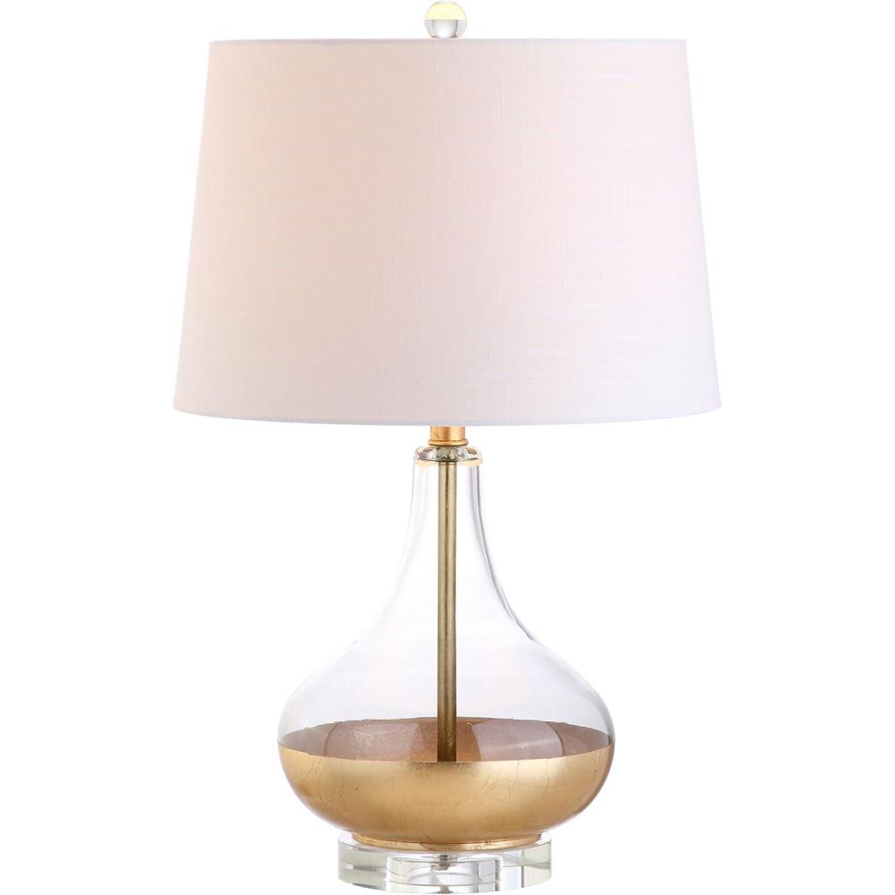 image:imageJONATHAN Y 245 Gold Painted Glass Table Lamp Modern Glam Teardrop Nightstand Lamp with White Linen Drum Shade and Crystal Base UL Listed LED Bulb Included JYL5007A